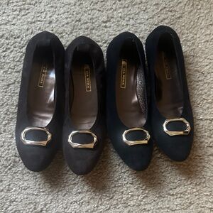 Suede Pointed Flats with Gold Buckle - Black
